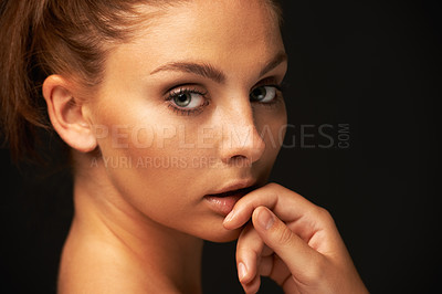 Buy stock photo Skincare, portrait or woman with beauty aesthetic or results for glow, shine or change in studio. Black background, girl or serious model with cosmetics for treatment, wellness or smooth face