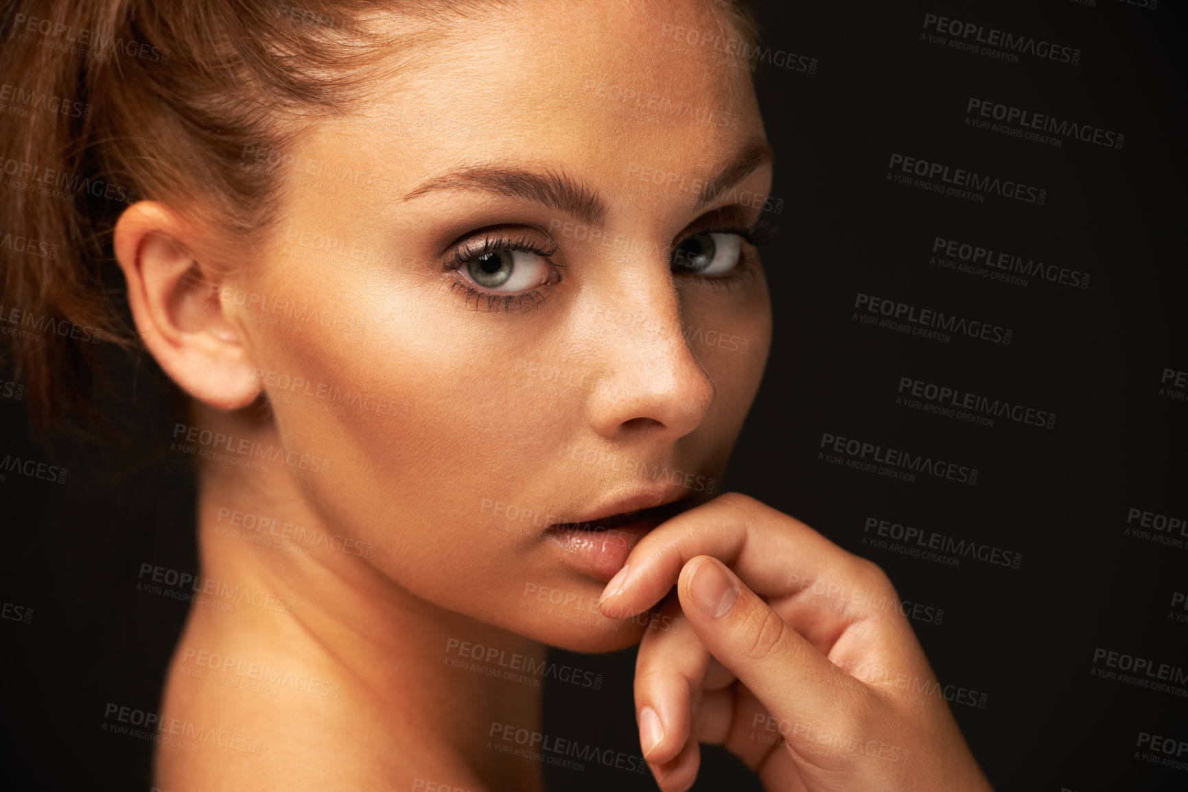 Buy stock photo Skincare, portrait or woman with beauty aesthetic or results for glow, shine or change in studio. Black background, girl or serious model with cosmetics for treatment, wellness or smooth face