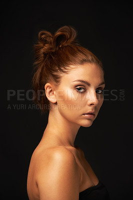 Buy stock photo Hair care, portrait or woman with skincare space, beauty or results for glow, shine or collagen in studio. Black background, face or natural model with mockup for treatment, healthy texture or growth