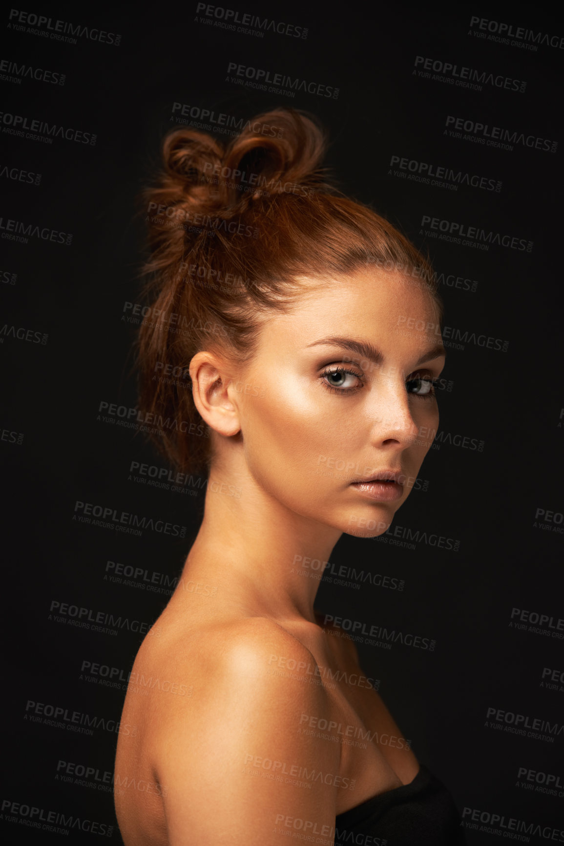 Buy stock photo Hair care, portrait or woman with skincare space, beauty or results for glow, shine or collagen in studio. Black background, face or natural model with mockup for treatment, healthy texture or growth
