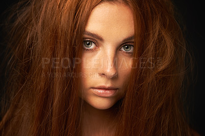 Buy stock photo Hair care, portrait or woman with damage, fail or bad results for transformation or collagen in studio. Black background, face or serious model with cosmetics for treatment, messy texture or growth