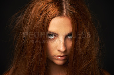 Buy stock photo Depression, portrait or woman in studio with messy hair, trauma stress or bad results alone. Black background, psychology or face of a lonely female person with anger, burnout or moody attitude 