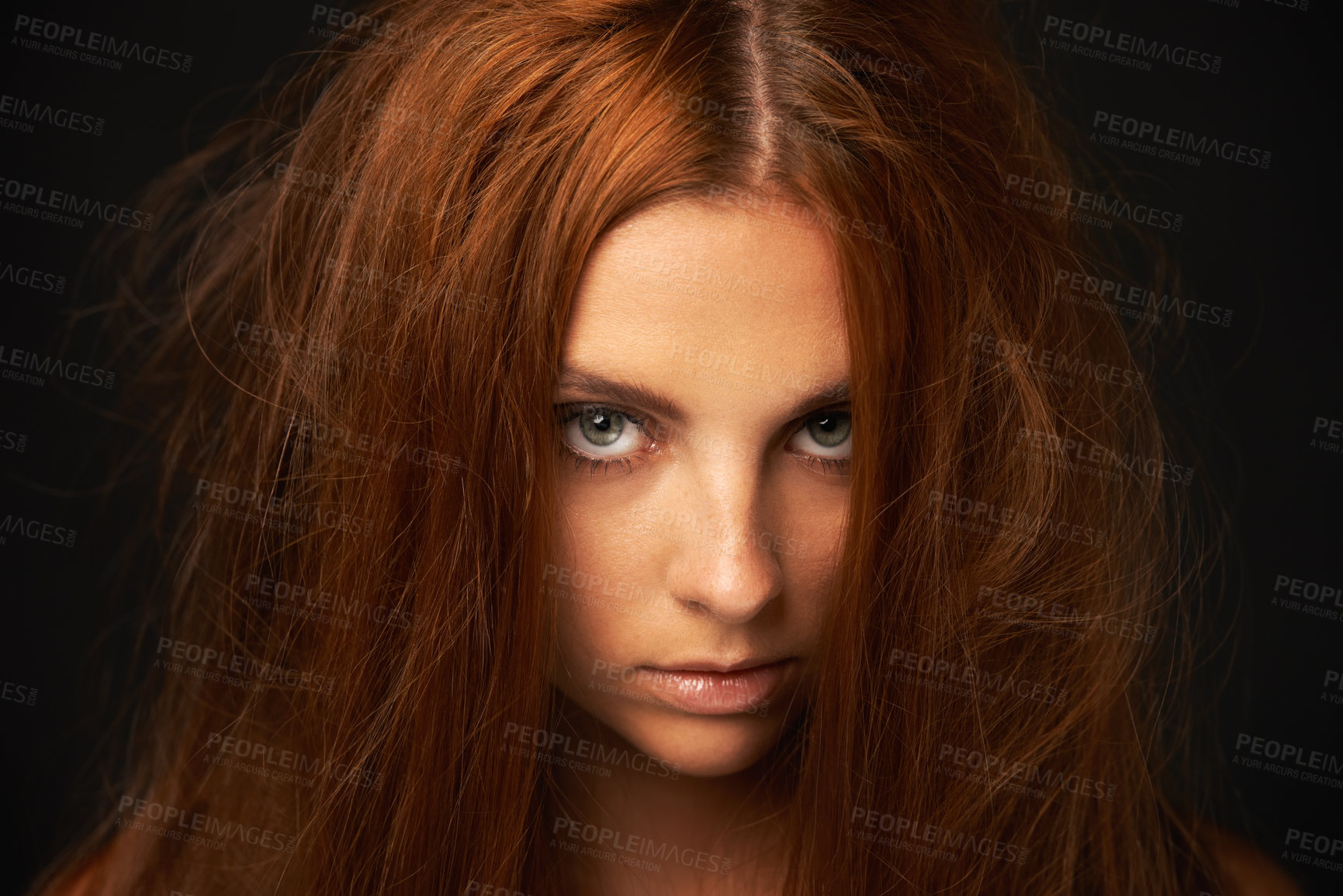 Buy stock photo Depression, portrait or woman in studio with messy hair, trauma stress or bad results alone. Black background, psychology or face of a lonely female person with anger, burnout or moody attitude 