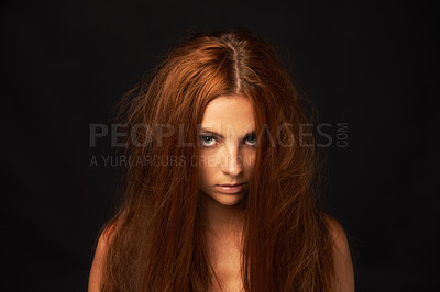Buy stock photo Depression, portrait or woman in studio with trauma stress, fail or bad results on mockup space alone. Black background, psychology or face of serious person with anger, messy hair or moody attitude