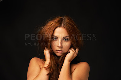 Buy stock photo Hair care, portrait or woman with problem, damage or bad results for mockup space in studio alone. Black background, model or face of a serious person with keratin, messy texture or natural textures