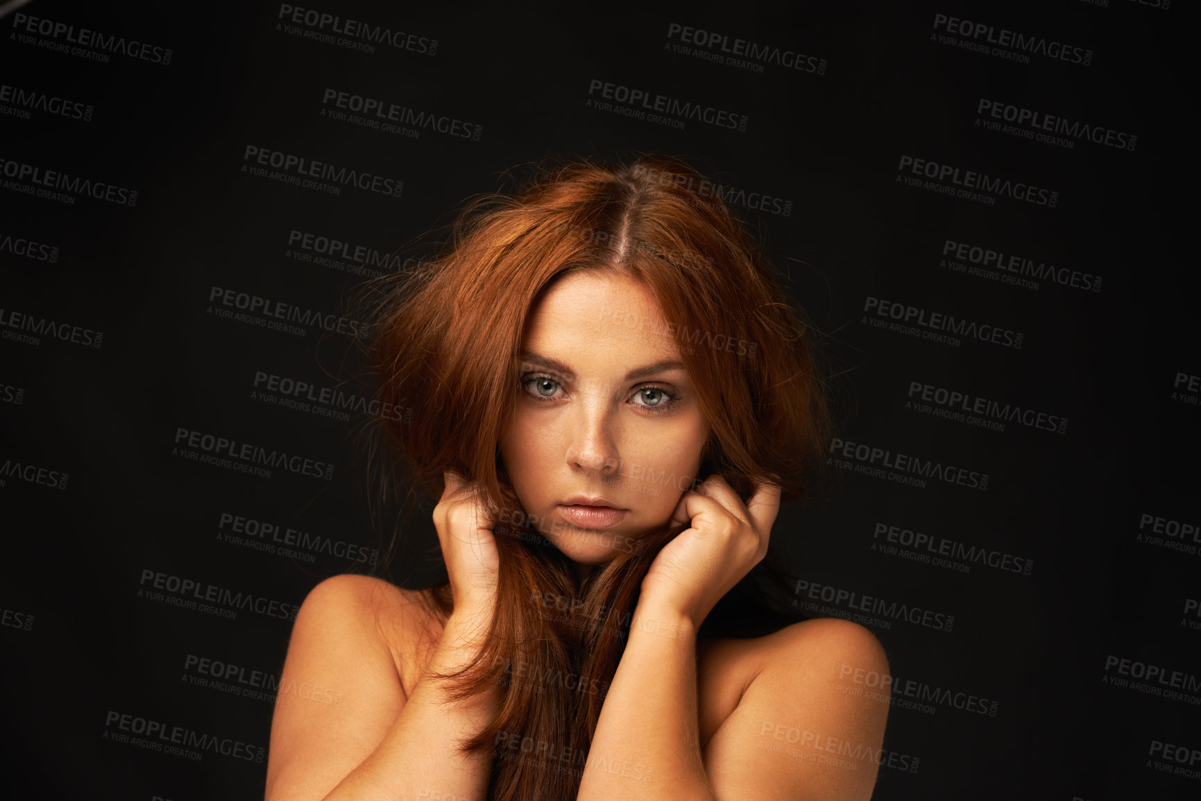 Buy stock photo Hair care, portrait or woman with problem, damage or bad results for mockup space in studio alone. Black background, model or face of a serious person with keratin, messy texture or natural textures