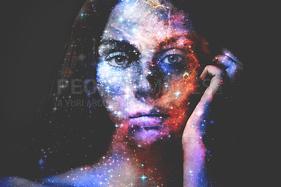 Buy stock photo Woman, portrait and double exposure with galaxy, space and fantasy for art, cosmos or shine by black background. Girl, stars and color with universe, nebula or milky way for night sky overlay on face