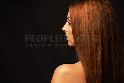 Buy stock photo Hair care, profile or woman thinking of beauty space, skincare or results for glow, shine or collagen. Black background, back view or model with cosmetics for healthy texture or growth in studio