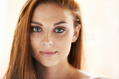 Buy stock photo Hair care, portrait or model with natural beauty, skincare or results for glow, shine or collagen in studio. White background, face or woman with cosmetics for treatment, healthy texture or growth