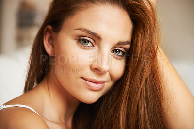 Buy stock photo Happy woman, portrait and face in beauty, hair care or makeup cosmetics at spa or salon. Closeup of attractive young female person, ginger or model smile for hairstyle, skincare or facial treatment
