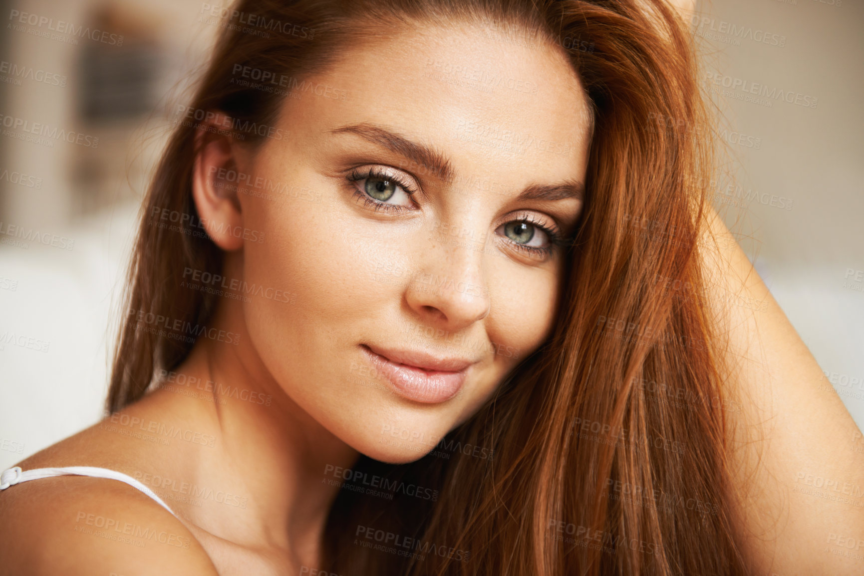 Buy stock photo Happy woman, portrait and face in beauty, hair care or makeup cosmetics at spa or salon. Closeup of attractive young female person, ginger or model smile for hairstyle, skincare or facial treatment