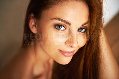 Buy stock photo Woman, face and portrait with hair in relax for beauty, makeup or cosmetics at spa or salon. Closeup of attractive young female person, ginger or model smile for hairstyle, skincare or treatment