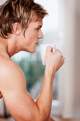 Buy stock photo Thinking, morning and man with coffee, drink and relax in home living room calm and planning day. Healthy, person and drinking from cup with tea, beverage or espresso latte in lounge of apartment