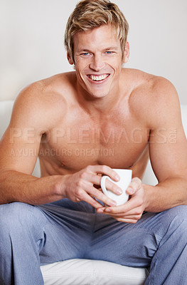Buy stock photo Portrait, home and man with coffee, smile and relax with peace, carefree and morning tea. Face, guy and person with espresso, shirtless and comfortable with latte, fresh and warm drink with happiness