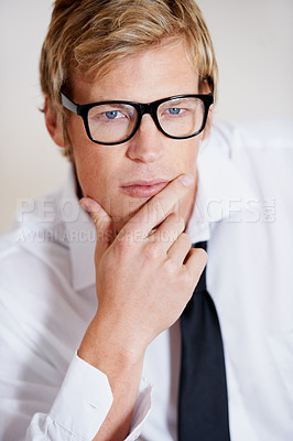 Buy stock photo Portrait, business and man with glasses, employee and confident guy with clear vision, corporate and entrepreneur. Serious face, person or model with eyewear, see and looking with consultant or agent