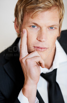 Buy stock photo Man, portrait and suit or white background in studio for confidence thinking, business lawyer or formal clothes. Male person, model and closeup face for corporate fashion style, tie trend or pride