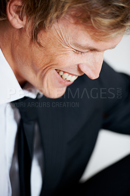 Buy stock photo Businessman, smile and suit closeup for professional cool or trend fashion, formal on white background. Male person, laugh and confident in tie or blazer for corporate style clothes, pride or career