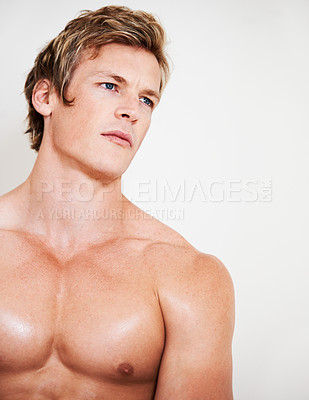 Buy stock photo Man, topless and muscle on studio background or thinking confidence, bodybuilder or chest. Male person, model or shirtless mockup or masculine strength or flexing pose or attractive, strong in Norway