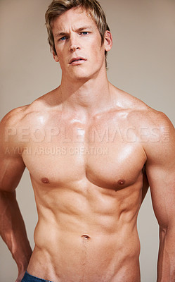 Buy stock photo Man, portrait and muscular with abs, workout and shirtless for body, strong and model in studio background. Fit, muscle and athlete for six pack, topless and bodybuilder for health, exercise and face