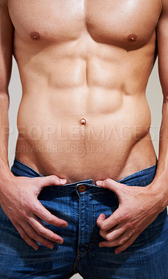 Buy stock photo Man, bodybuilder and shirtless with muscle, hands and sexy for body, strong and model in studio background. Portrait, workout and seductive for abs, chest and fit for health, exercise and training