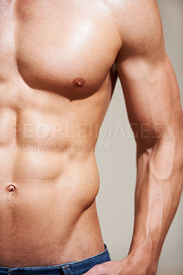 Buy stock photo Bodybuilder, strong and muscle with stomach, sexy and shirtless for body, six pack and model in studio background. Athlete, workout and wellness for abs, chest or fit for health, exercise or training