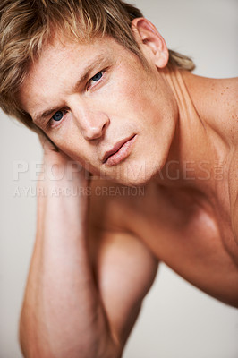 Buy stock photo Man, portrait and shirtless muscle in studio or white background for confident masculine, strong body or bodybuilder pride. Male person, model and face or topless or bicep arms, attractive or serious
