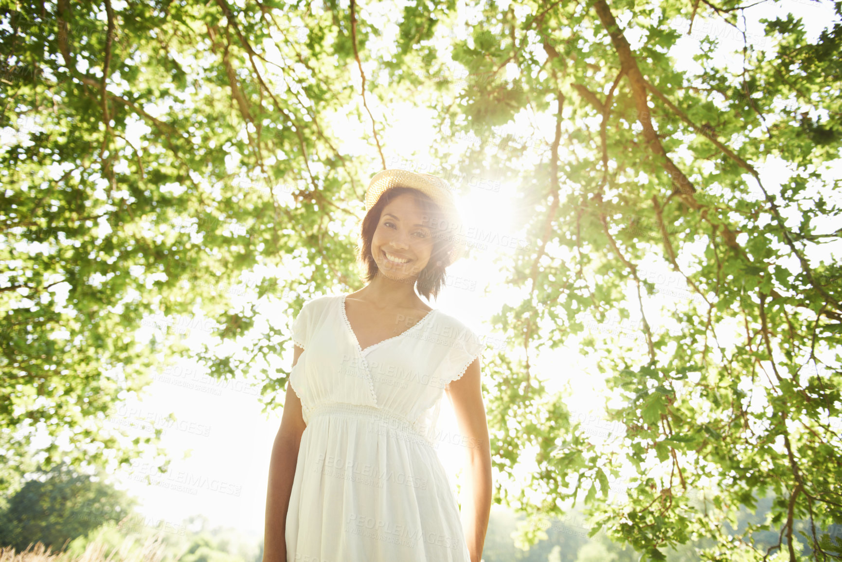 Buy stock photo Portrait, freedom or happy woman in park, countryside or nature in summer to relax on break. Smile, wellness or female person in garden for peace or fresh air on an outdoor holiday vacation or travel