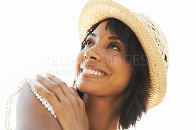 Buy stock photo Sunshine, thinking and woman with hat, smile and vacation on a white background. Person, model and girl with summer, holiday and nature with happiness, opportunity and carefree with freedom and relax