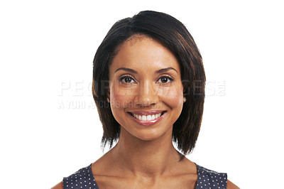 Buy stock photo Beauty, studio and portrait of black woman on a white background for cosmetics, healthy skin and fashion. Natural lifestyle, happy and face headshot of lady with big smile, confidence and makeup
