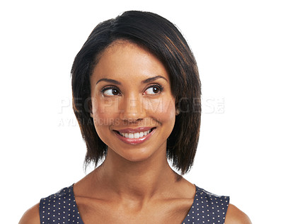 Buy stock photo Face, black woman and thinking of ideas in studio for mindset, planning and remember memory. Inspiration, solution and happy model on white background question visionary goals, daydream and decision 