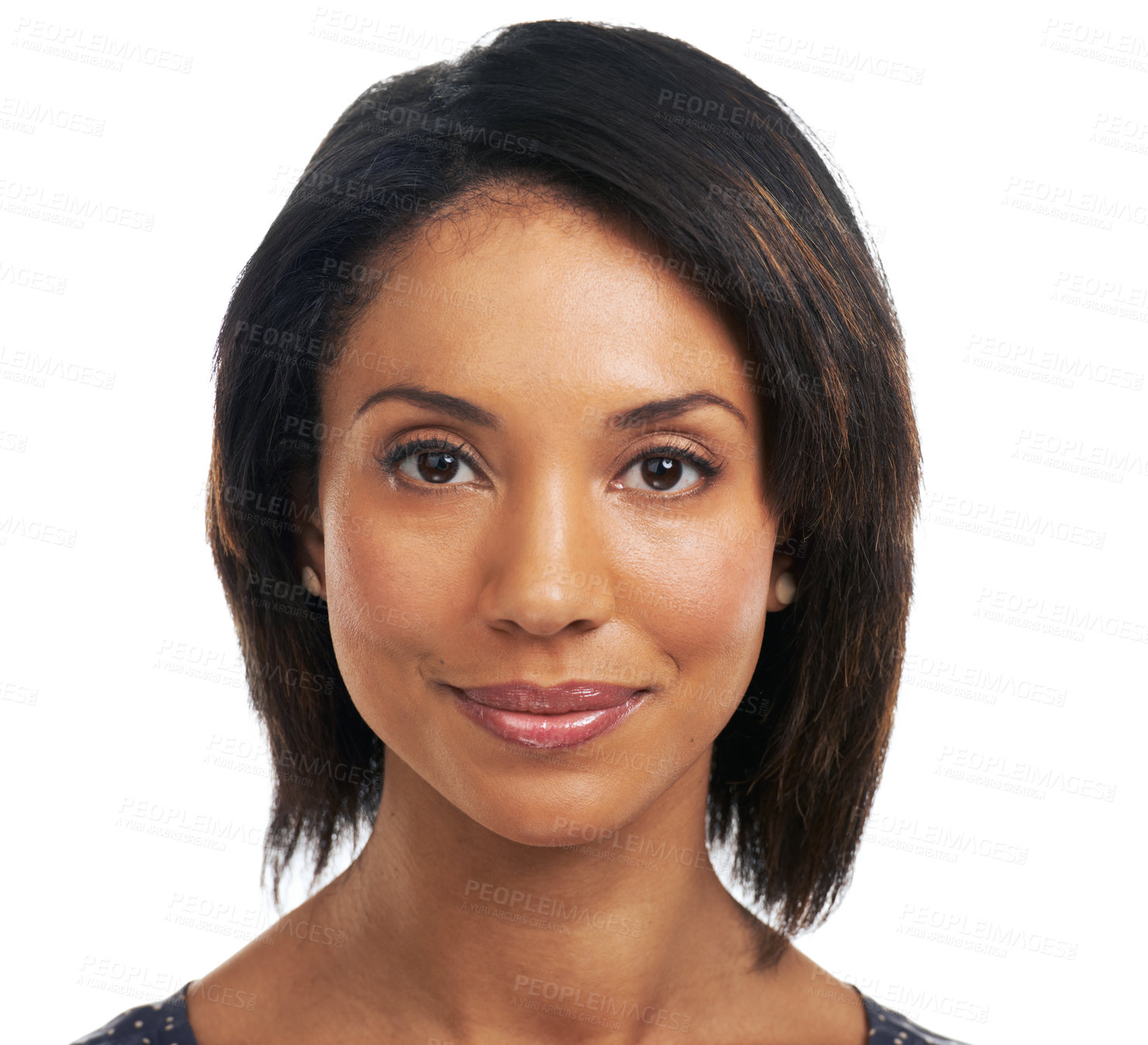 Buy stock photo Black woman, portrait and brunette hairstyle on isolated white background for keratin treatment or dye color marketing. Zoom, face or happy smile or beauty model with brown hair, makeup or cosmetics