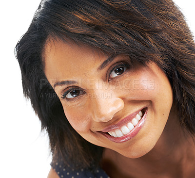 Buy stock photo Black woman, smile and portrait zoom of a female face with happiness and natural beauty. Makeup, excited and happy african woman smiling in a isolated white background studio with skin care glow