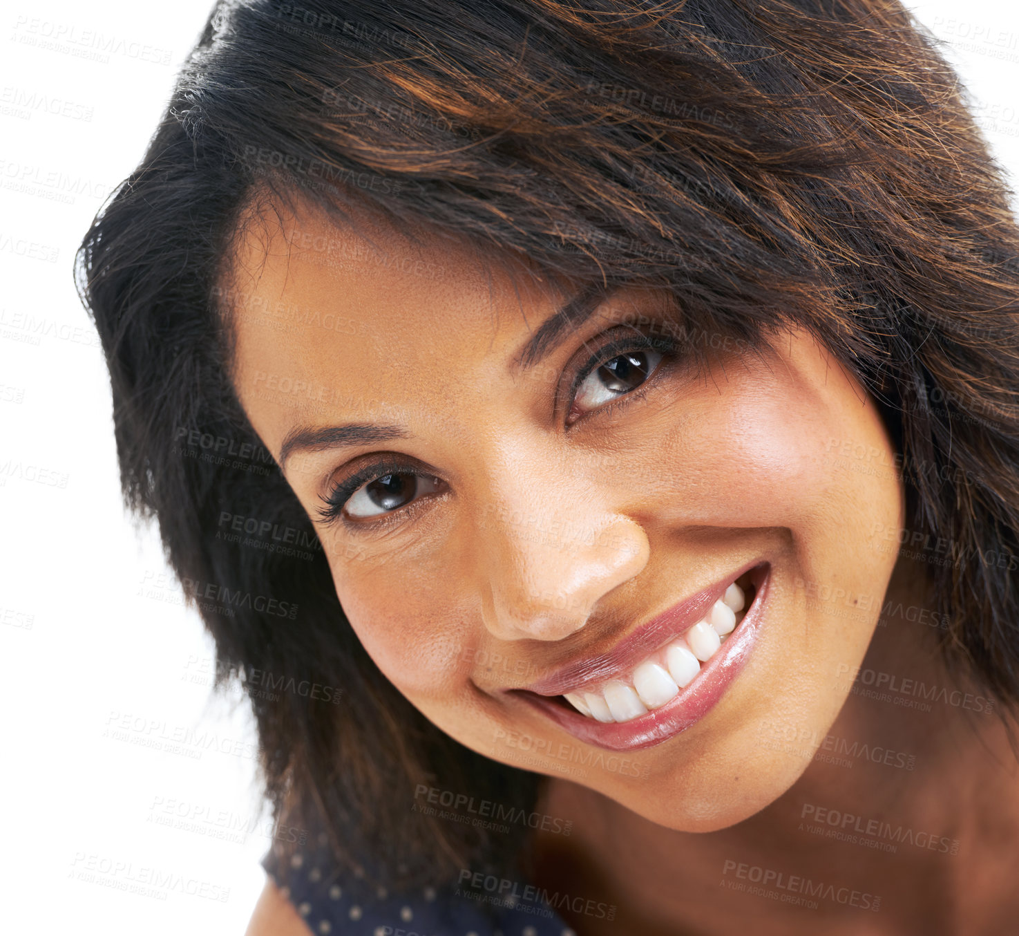 Buy stock photo Black woman, smile and portrait zoom of a female face with happiness and natural beauty. Makeup, excited and happy african woman smiling in a isolated white background studio with skin care glow