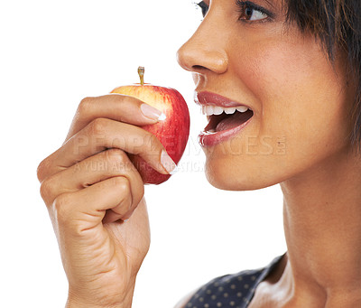 Buy stock photo Fruits, diet and woman nutrition with healthy food for diet and organic apple with mock up. Hungry, health model and eating fruits of a black woman with nutrition and weight loss with mockup