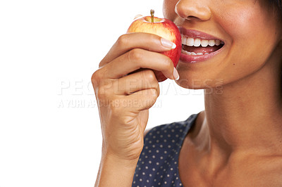 Buy stock photo Apple, fruit and model mouth bite healthy food for diet and organic lifestyle with mock up. Hungry, health and eating fruits of a black woman happy about snack choice and weight loss with mockup