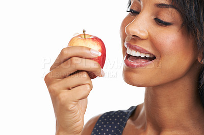 Buy stock photo Organic, healthy and black woman with apple ready for nutrition and health food for diet with mock up. Natural, fruit and hungry model with happy smile about snack for weight loss with mockup