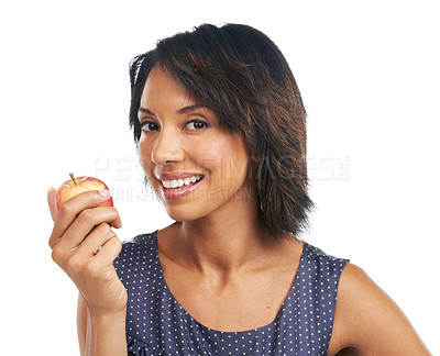 Buy stock photo Health, apple and smile with portrait of black woman for diet, nutrition or organic choice. Food, vitamins and fiber snack with isolated Brazil girl and fruit for natural, weight loss or clean eating