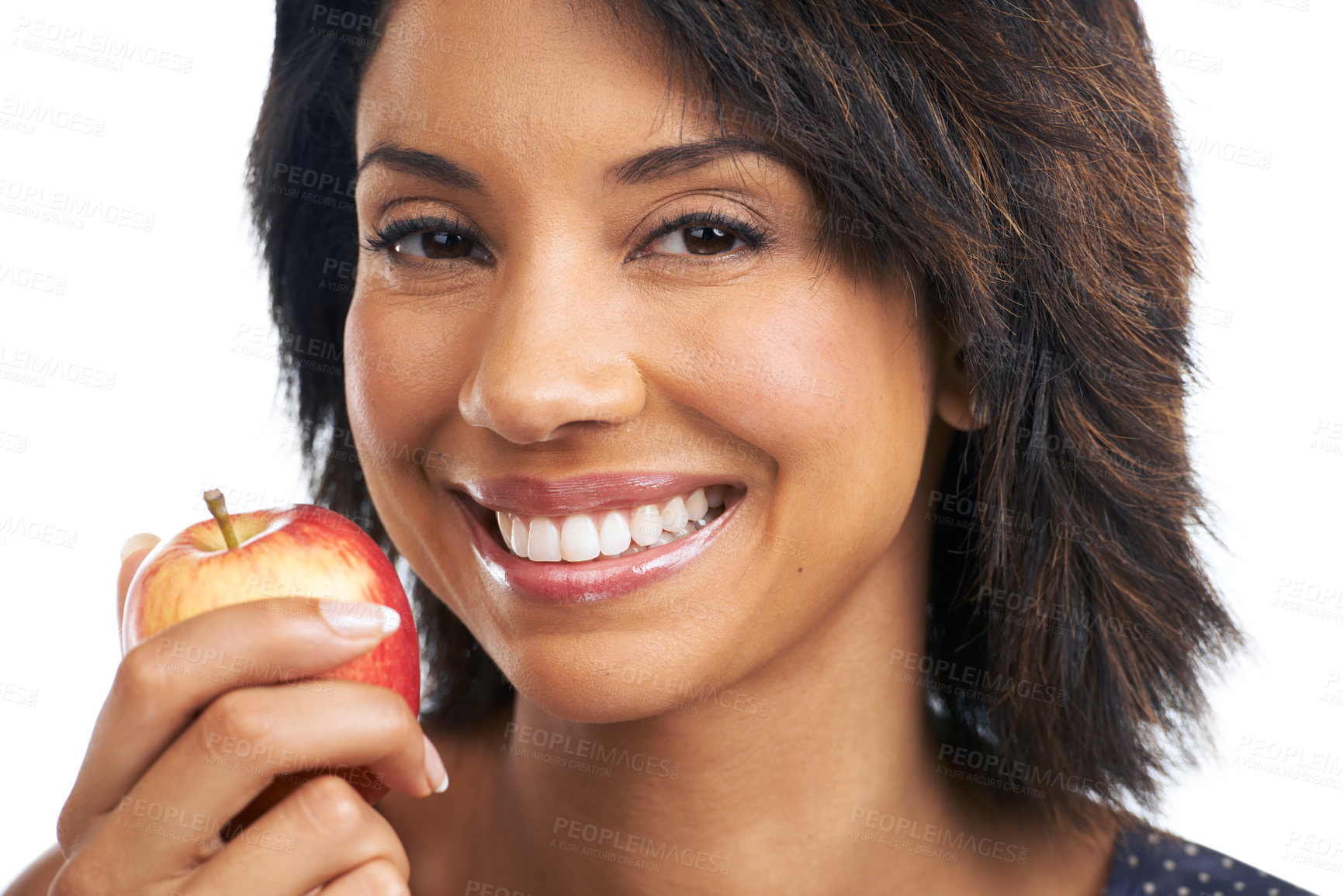 Buy stock photo Portrait, health or black woman eating an apple in studio on white background with marketing mockup space. Happy, face or African girl advertising a healthy diet of fruit or nutrition for wellness