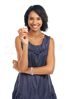 Buy stock photo Health, apple and smile with portrait of black woman for diet, nutrition or organic choice. Food, vitamins and fiber snack with isolated Brazil girl and fruit for natural, weight loss or clean eating