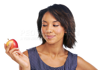 Buy stock photo Health, thinking or black woman eating an apple in studio on white background with marketing mockup space. Choice, decisions or thoughtful African girl advertising a healthy natural diet for wellness