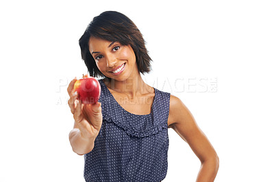 Buy stock photo Portrait, mockup or black woman eating an apple or fruits in studio on white background with marketing space. Smile, organic or happy African girl advertising healthy diet for self care or wellness 