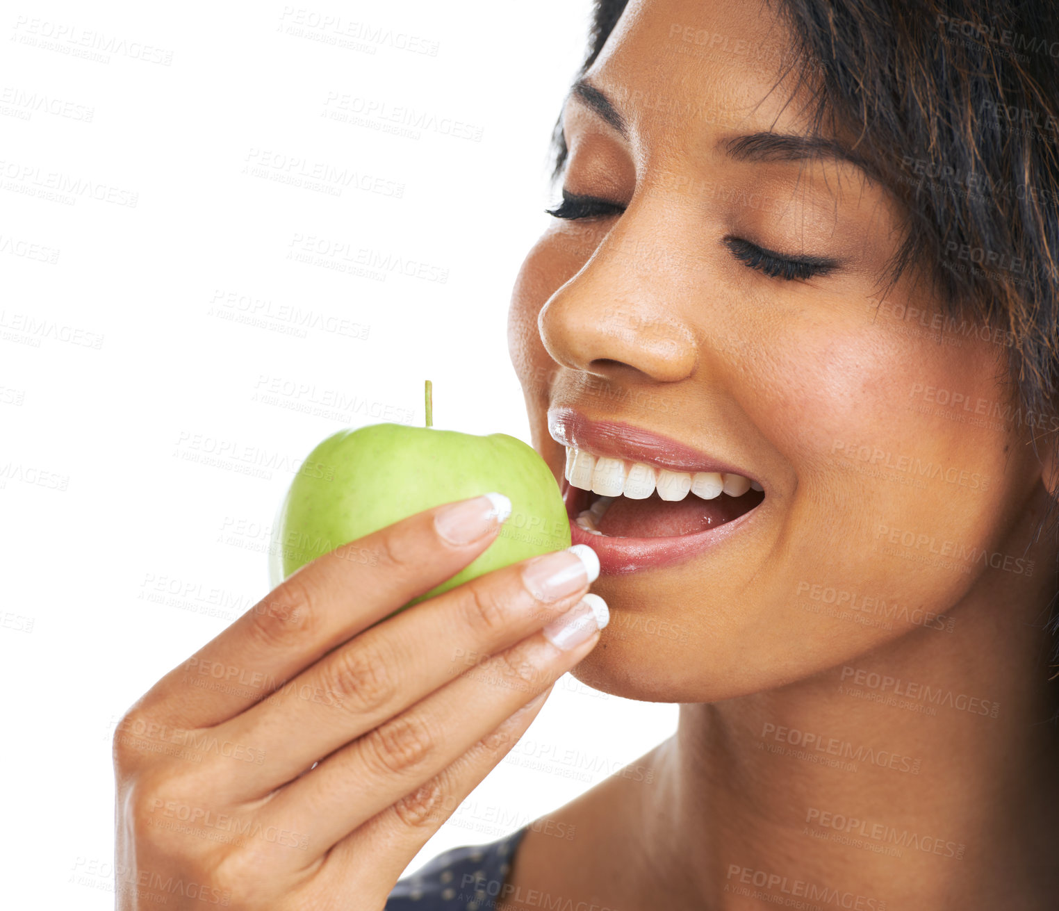 Buy stock photo Woman, studio and apple with smile, nutrition and hungry for healthy, organic snack and eating by white background. Black woman, happy and natural green fruit for diet, energy or wellness by backdrop