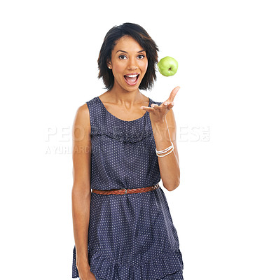 Buy stock photo Woman, portrait and throwing apple for nutrition, diet and wellness food for health lifestyle. Happy black woman with fruit for healthy habits marketing in white studio with mockup for wellbeing