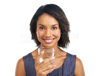Buy stock photo Portrait, health or black woman drinking water in studio on white background with marketing mockup space. Happy, face or healthy girl drinks natural liquid or glass beverage for hydration or wellness