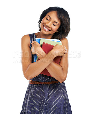 Buy stock photo Hug, student or happy black woman with books in studio on white background with marketing mockup space. Education, smile or African school girl in university or college with notebooks for learning 