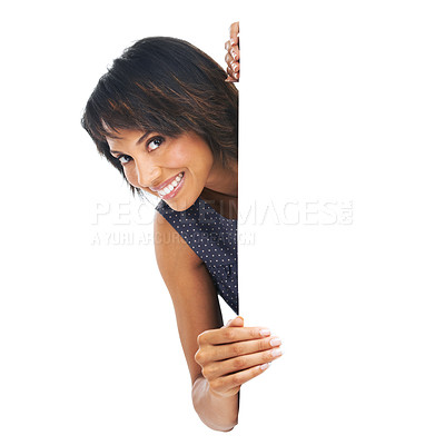 Buy stock photo Banner, poster and excited black woman portrait with space, billboard or mockup for advertising brand logo. Female with business announcement, product placement or signage on white background