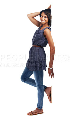 Buy stock photo Happy woman, portrait and poster or banner with advertising space, billboard or mockup for brand. Full body female with announcement, product placement or logo signage for white background branding