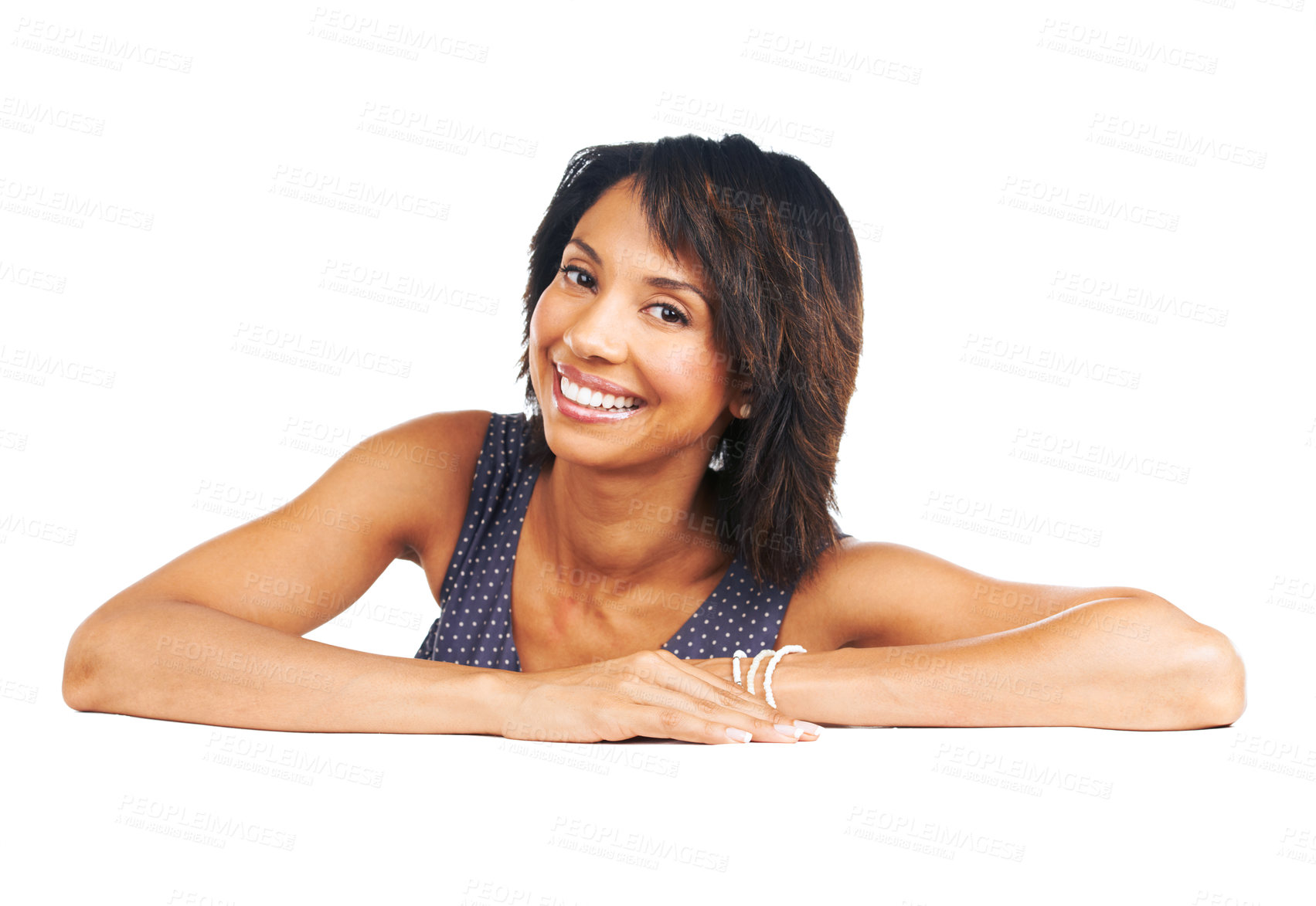 Buy stock photo Happy, smile and portrait of a woman with confidence, content and peace on white background in studio. Marketing, happiness and African model with happiness, young and excited on a studio background