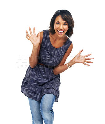 Buy stock photo Portrait, wow and black woman in studio for winner, announcement and good news on white background. Surprise, fun and girl model with omg news, excited and shocked while standing isolated with mockup
