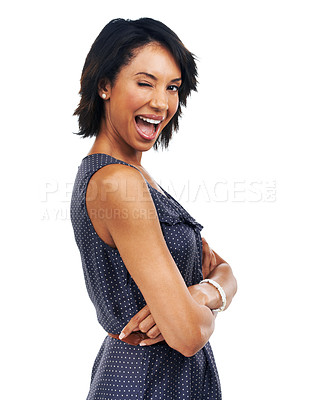 Buy stock photo Portrait, wink and mockup with a model black woman arms crossed in studio isolated on a white background. Marketing, advertising and branding with a young female flirting on blank mock up space